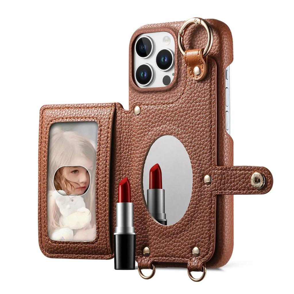Crossbody Zipper Cards Solt Wallet Leather Case For iPhone 16 Pro Max 15 Plus 14 13 12 11 Long Lanyard Ring Holder Mirror Cover