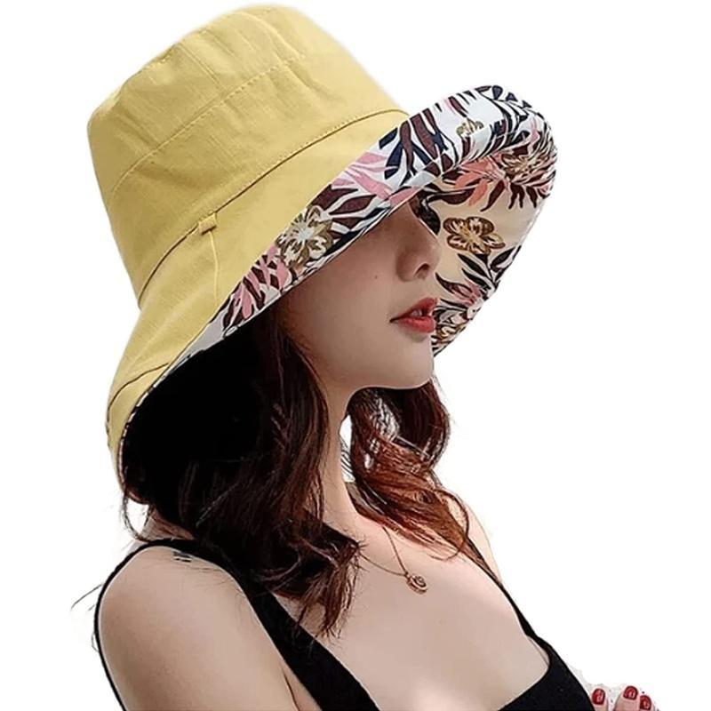 Wide Brim Cotton Summer Hat Women Packable Reversible Floral Bucket Hat UV Sun Protection Wide Brim Summer Beach Cap Double Sided Floppy Sun Hats CLE