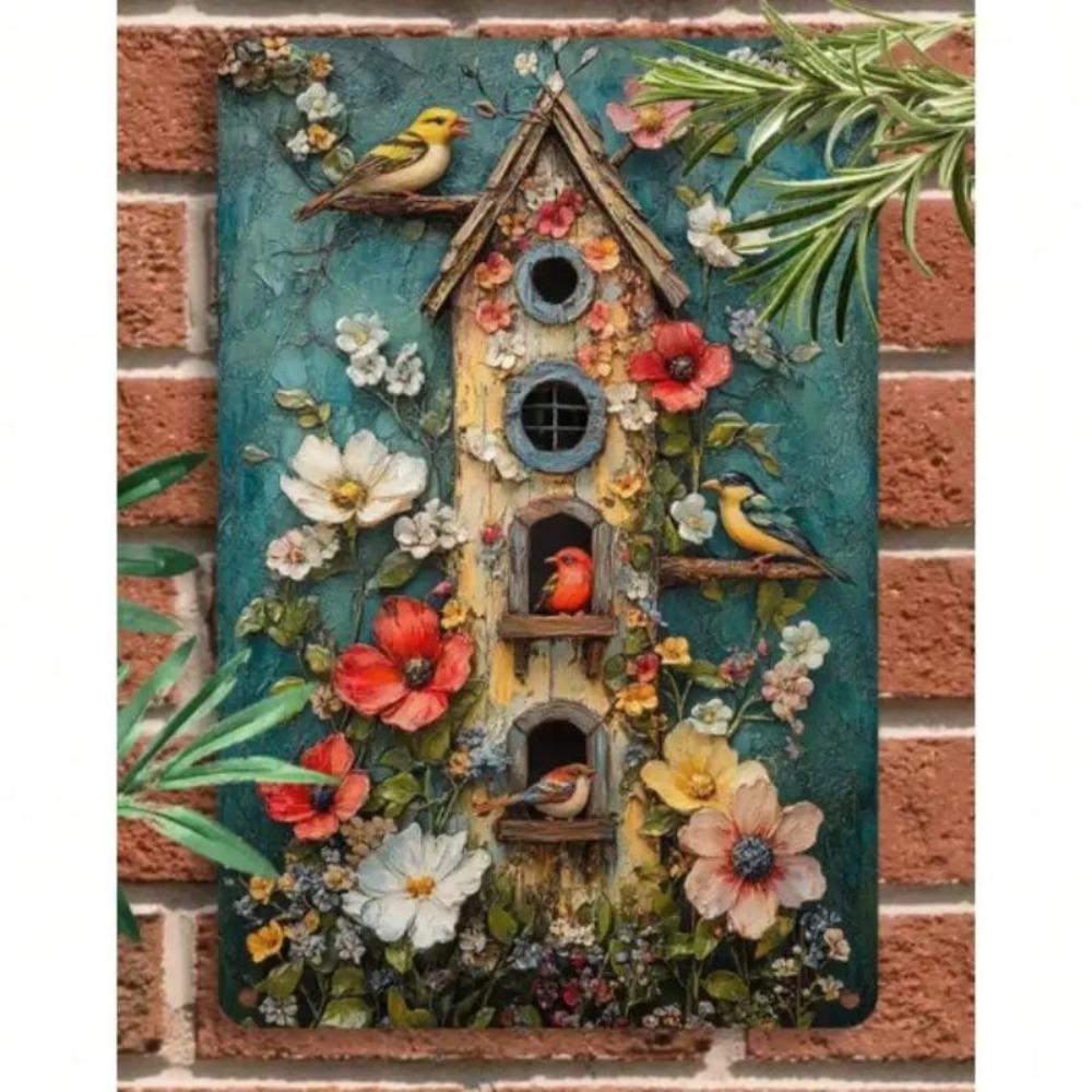 Décoration Murale Nid d'Oiseau 3D Art Métallique Floral Vintage Panneau de Jardin Ferme