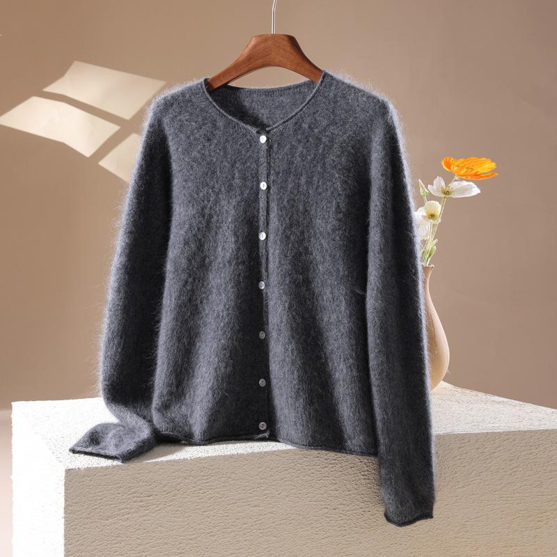 2026 Autumn/Winter Women's Cashmere Wool Round Neck Cardigan - Long Sleeve, Solid Color, Rolled Edge, Brushed Wool Sweater