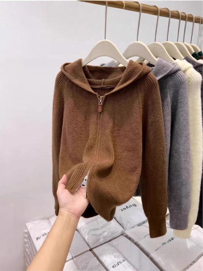 Women's Autumn/Winter Double Zipper Fluffy Hooded Knit Cardigan Sweater