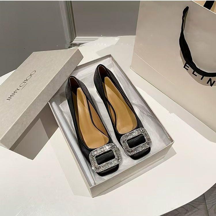 

Женские туфли-лодочки 2025 Весна/Осень с квадратным носком, стразами и пряжкой из французского сатина Size 99 Slippers