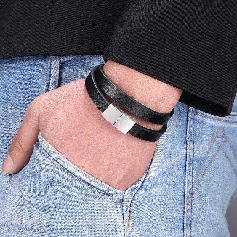 Trendy Multilayer Leather Men's Jewelry Silver Metal Clasp Simple Leather Rope Bracelet For Male Gifts BB1061