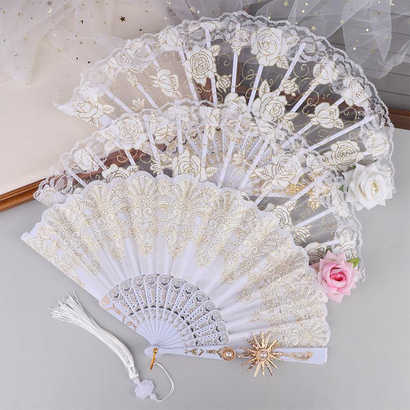 Ladies Lace Hand Fan Black White Cloth Folding Fans With Tassels Ancient-Style Dance Folding Hand Fan For Wedding Party Favor