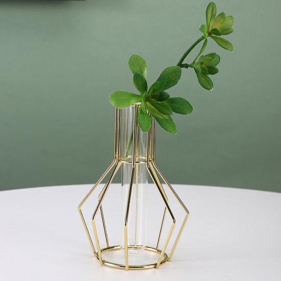 Nordic Simple Glass Clear Vase with Iron Art Frame for Hydroponic Planter Transparent Test Tube Pot Decorative Metal Flower Vase for Table