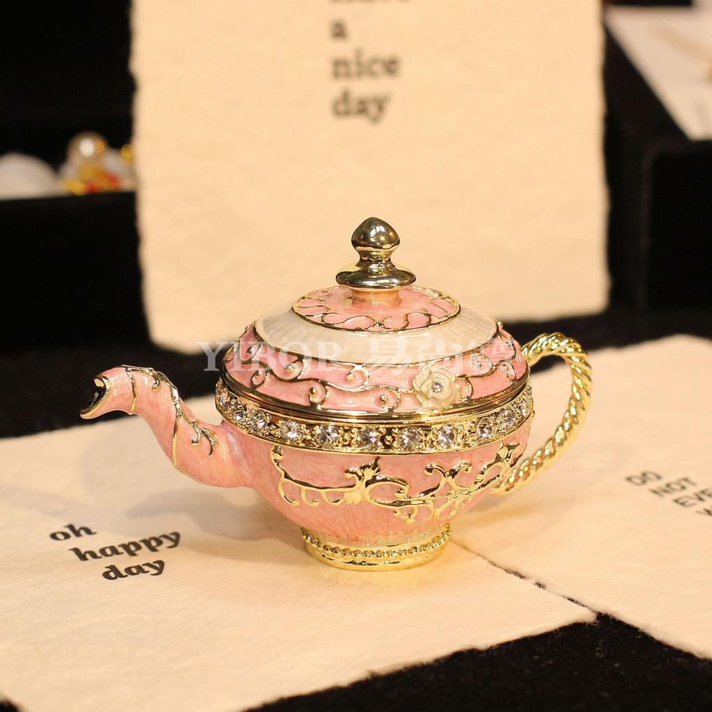 Metall Cloisonné Teekanne Schmuckschatulle, Vintage Gold Emaille Figur, Strass Akzent Handgefertigtes Geschenk für Schminktisch Dekoration