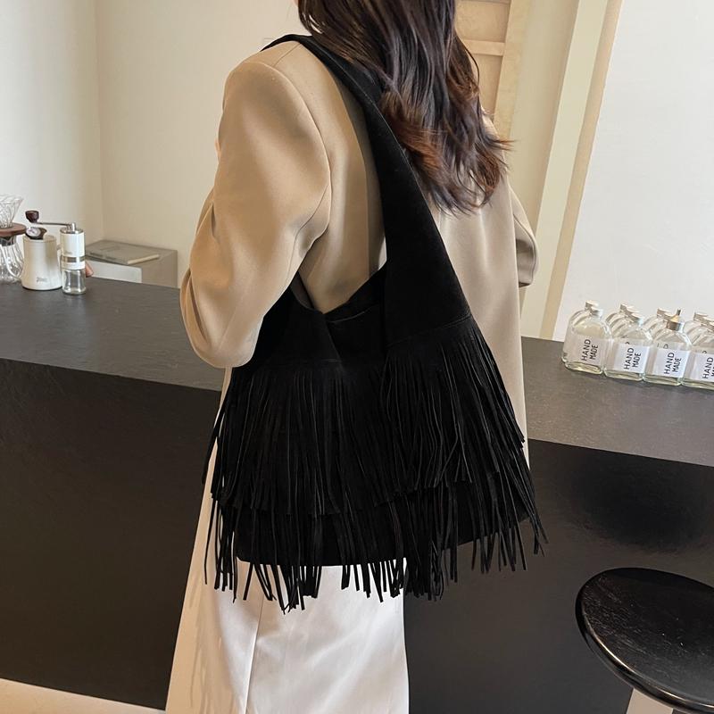 Retro Matte Tassel Bag for Ladies High Capacity Soft Fabric Stitching Line Good Appearance Single Shoulder Bag Personality New