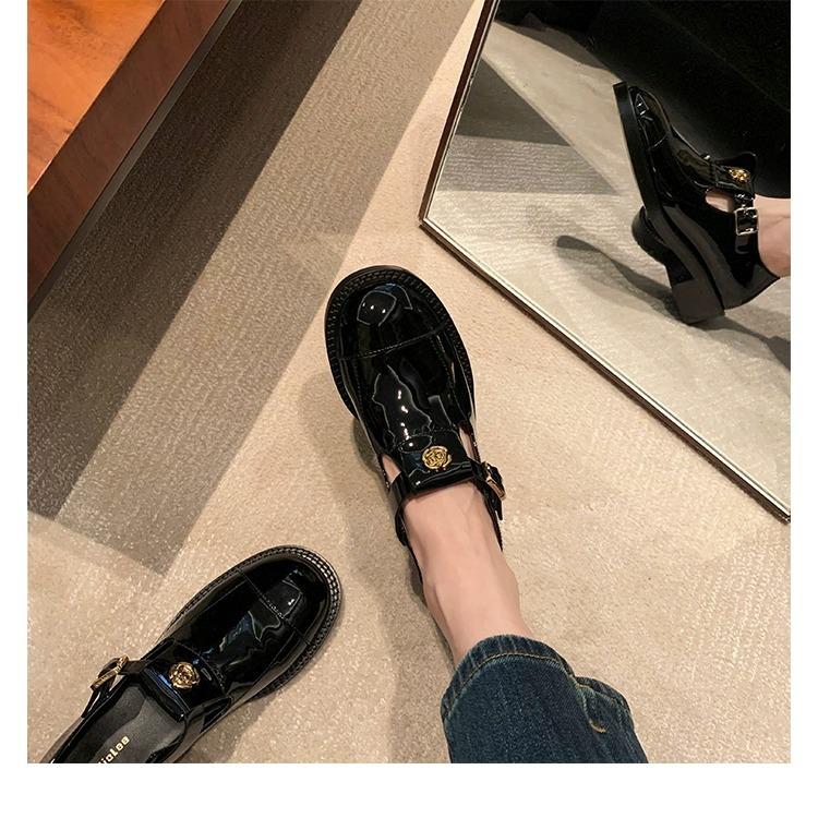 Cowhide Version~ French Retro Mary Jane Small Leather Shoes Women's Camellia with Gold Coins Loafers Genuine Leather Single Shoes