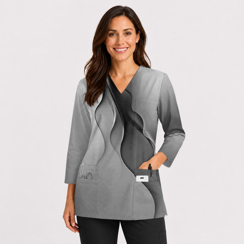 Damen V-Ausschnitt Uniform Top mit Taschen, Seitenschlitzen und 3/4 Ärmeln