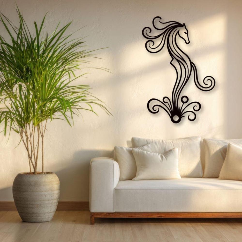 Wrought Iron Horse Head Wall Decor, Modern Animal Metal Art, Equestrian Home Decoration for Living Room, Black Abstract Sculpture