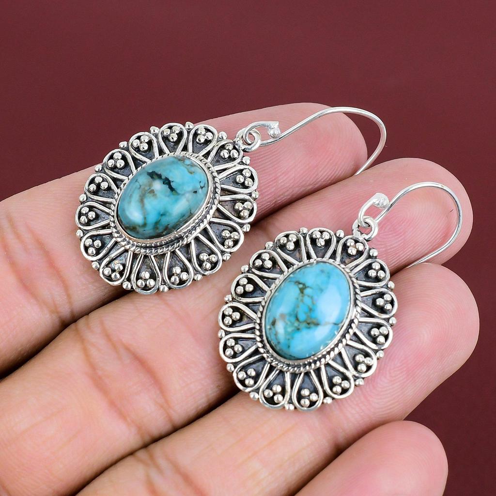 Türkis Ohrring Tibetisch 925 Sterling Silber Ohrring Handgefertigt Eleganter Schmuck Vintage Hängeohrring Echte Edelstein Ohrringe Geschenke für Ehefrau