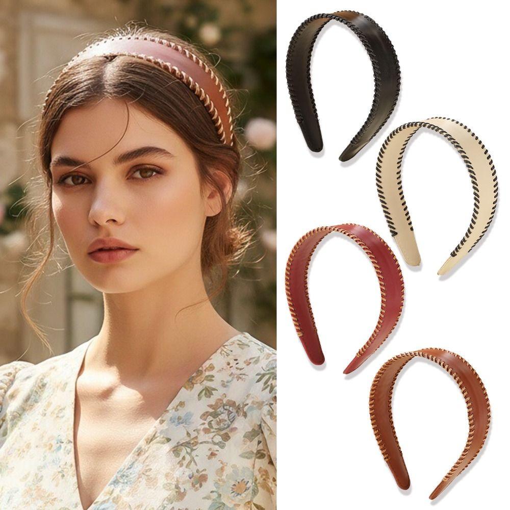 Non-Slip Leather Headband Solid Color Wide Edge Hairband Vintage Women Hair Hoop Lady