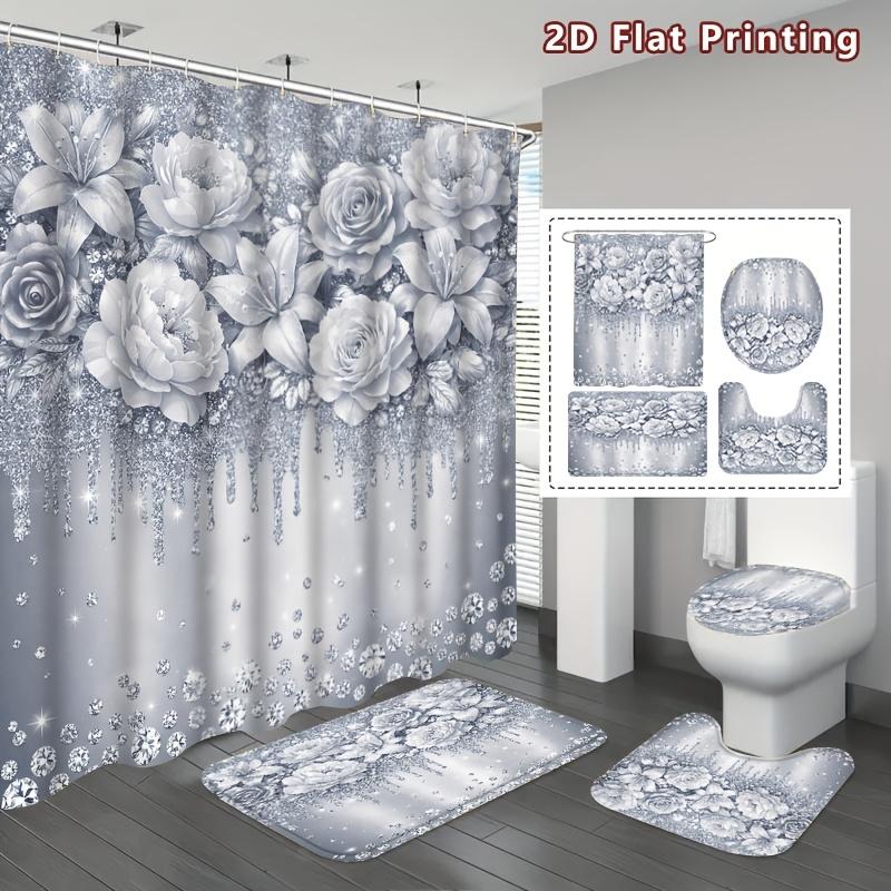 4Pcs Shower Curtain Set with Non-Slip Bath Mat, Toilet Lid Cover, Contour Rug & 12 Hooks, Bathroom Decor