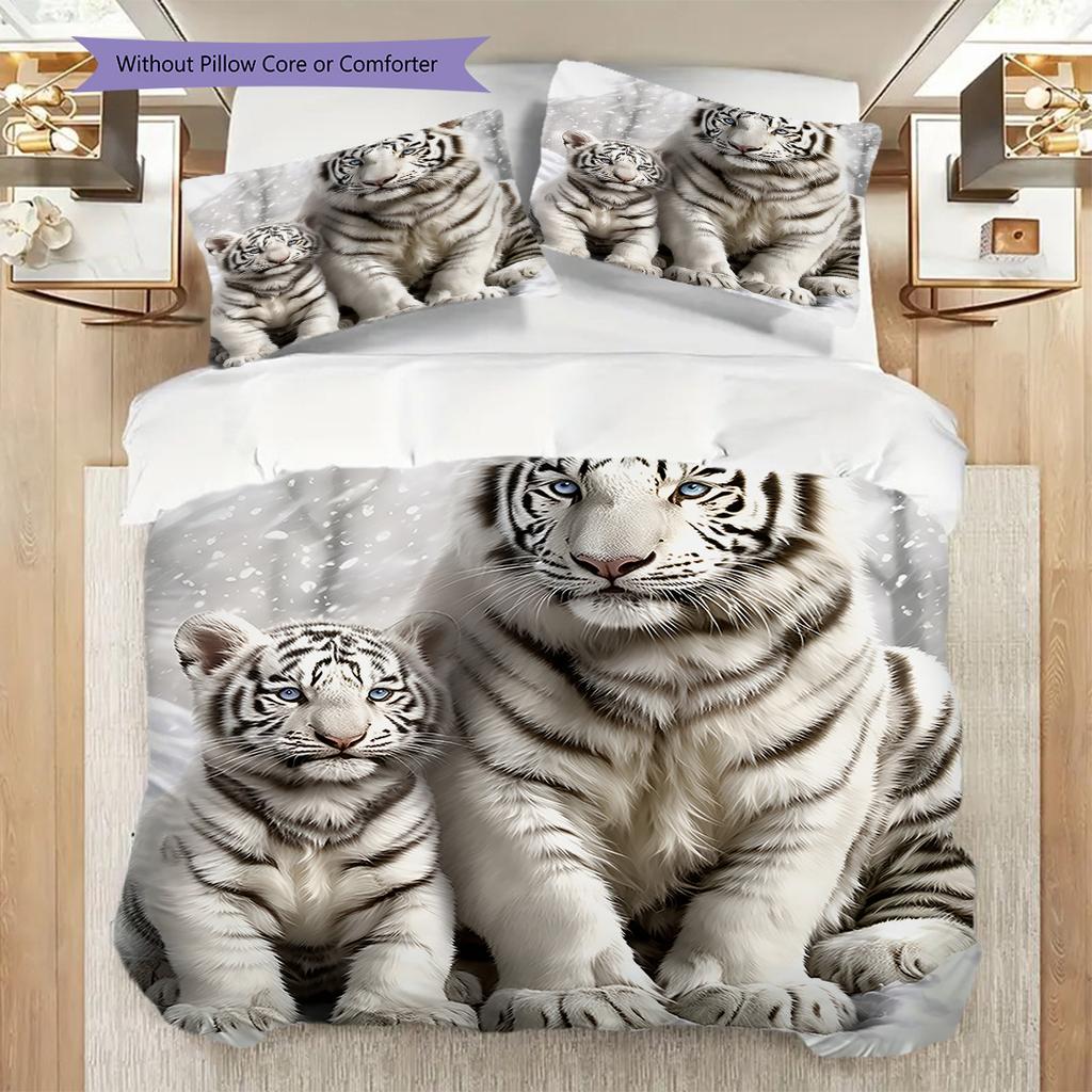 White Tiger Pattern Bedding Quilt Set Quilt Cover Pillowcase Home Decoration Birthday Gift (1 * Duvet Cover + 2 * Pillowcase, Without Core)