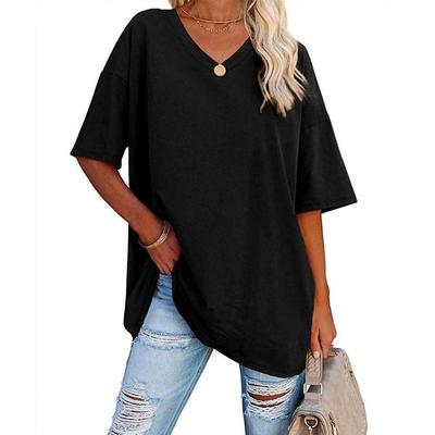 T-shirt da donna estiva T-shirt casual a maniche corte ampia con scollo a V tinta unita