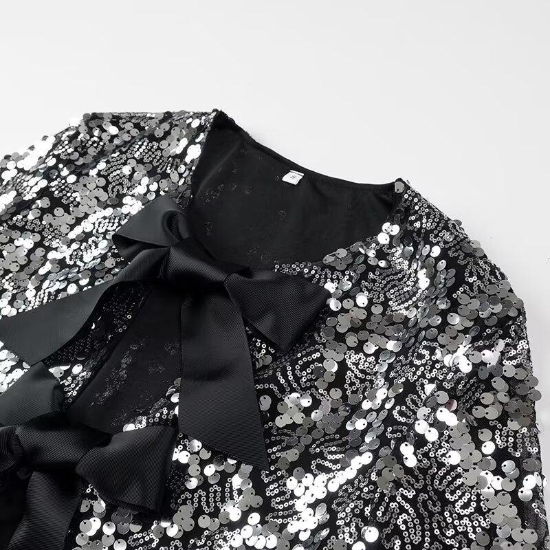 Dámská lesklá flitrová zkrácená bunda s mašlí, kulatým výstřihem a dlouhým rukávem, jednobarevná, slim fit, ležérní kabát, jarní podzimní dámský party top