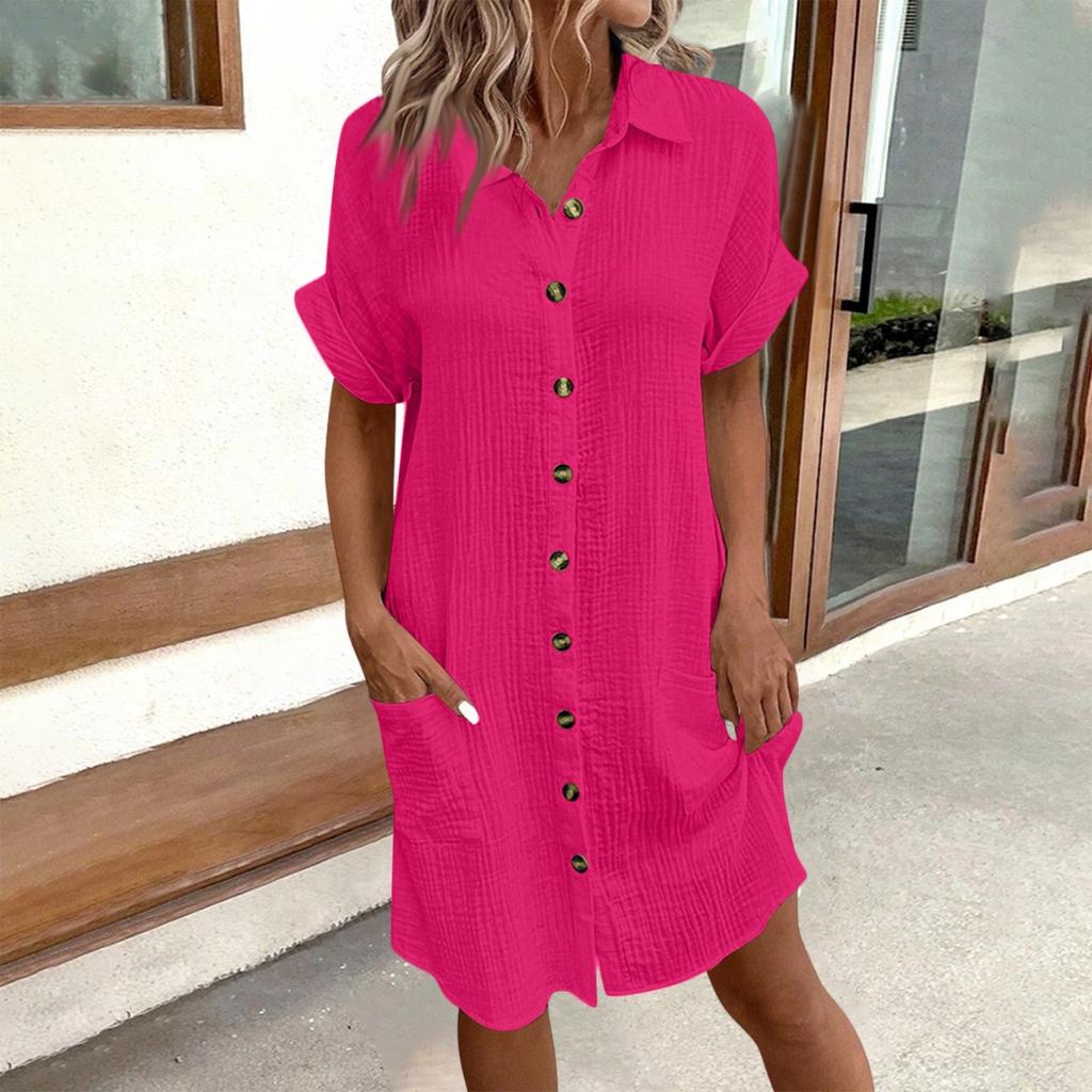 Fashion Women's Summer Casual Short Sleeve V-Neck Button Dress