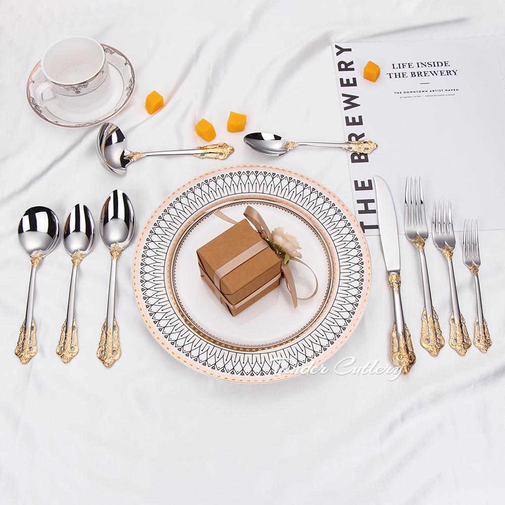 1 Pieces Luxury Gold Plated Cutlery Set Vintage Western Stainless Steel Tableware Wedding Engraving Dinnerware Knife Fork Spoon