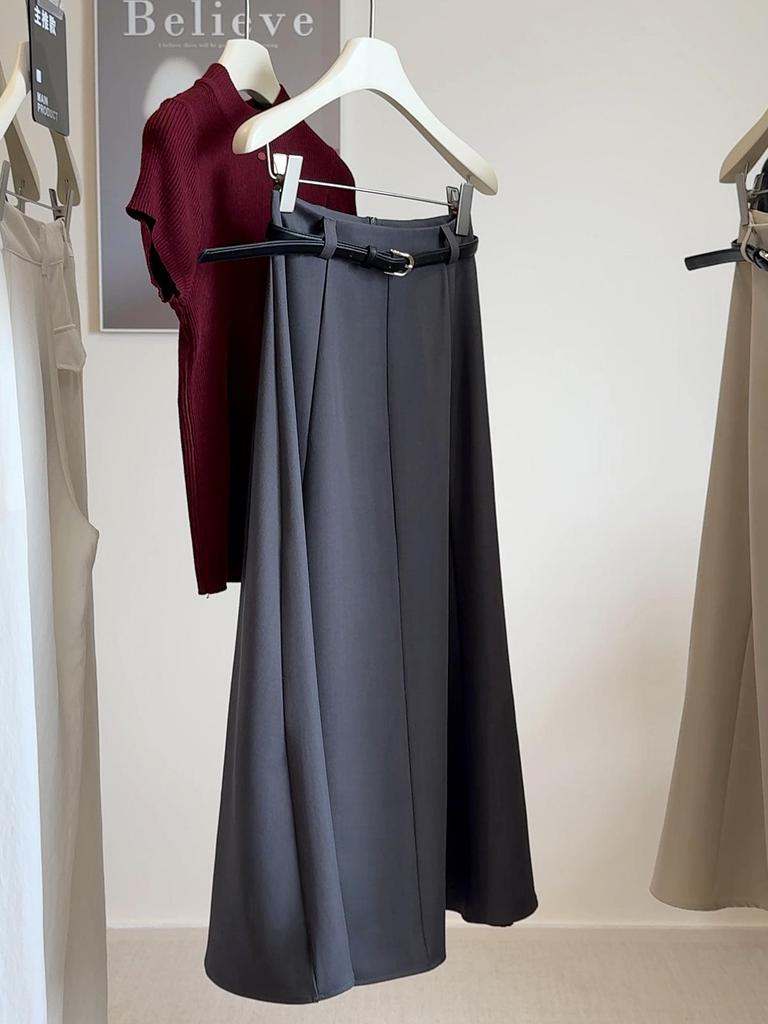 Elegant Women's Drapey A-line Midi Skirt - Autumn 2025 Collection, Slimming Medium-Length Swing Skirt