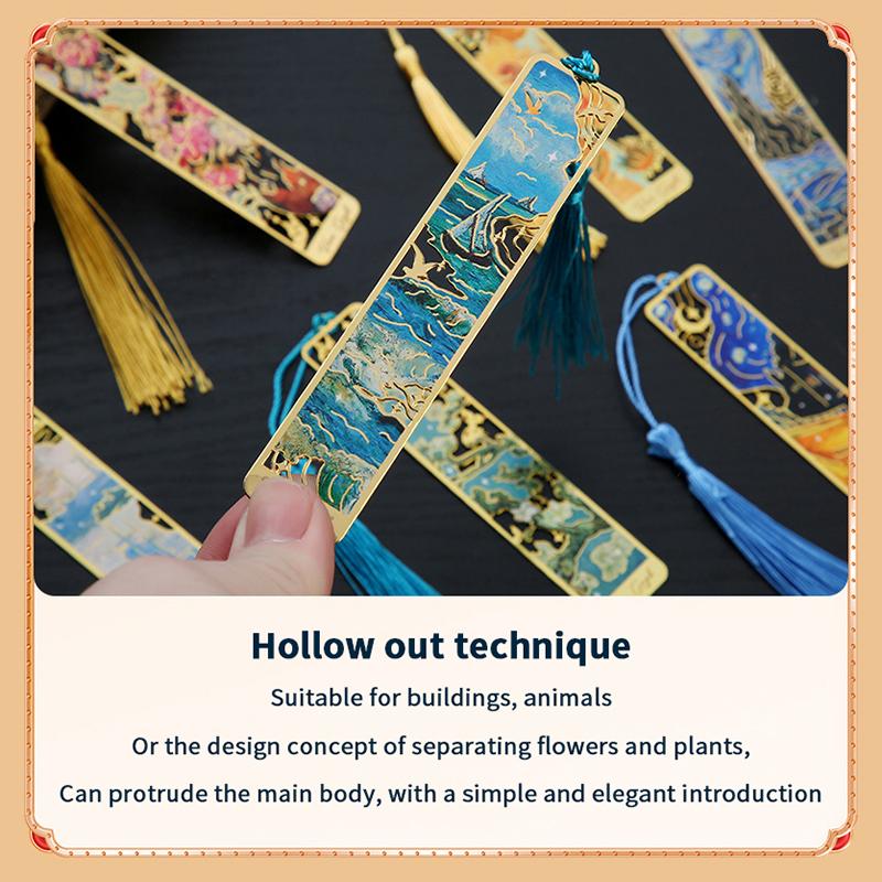 1 Pc Retro Floral Painting Metal Bookmark Hollow Bronzing Bookmark With Tassel Stationery Gifts For Book Club Reader