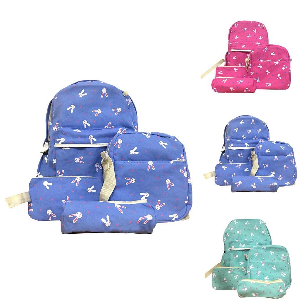 Trendy 4pcs Girls Backpack Set Featuring Durable Canvas Material And Adorable Rabbit Pattern
