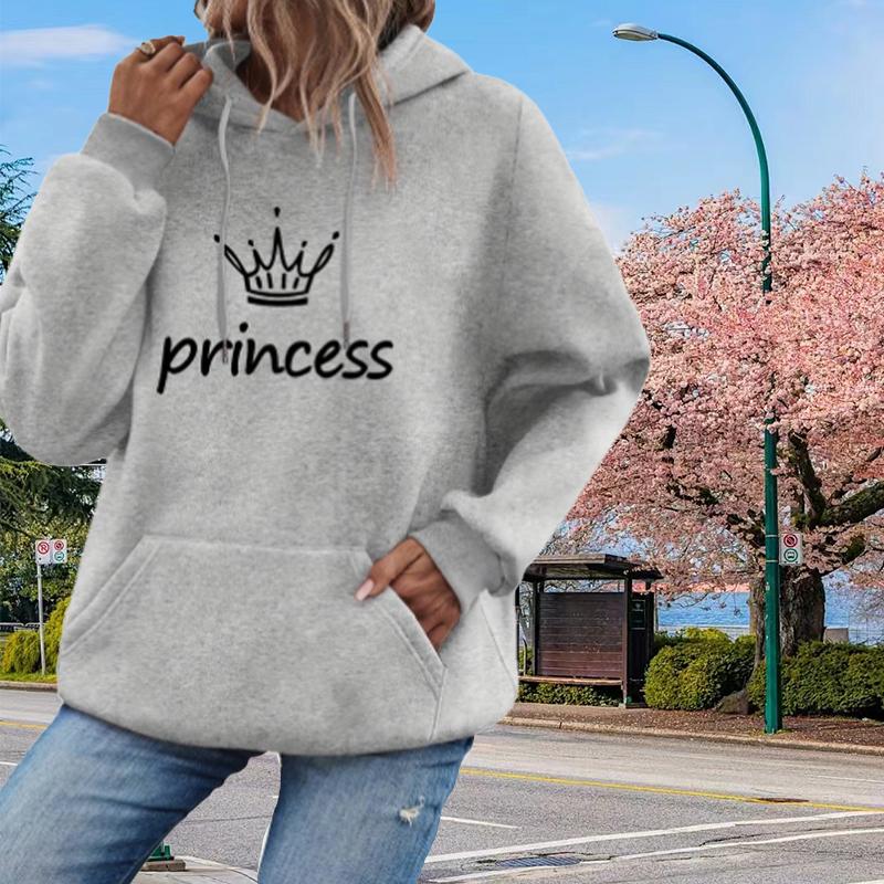 Womens Crown Letters Print Loose Hoodie Tops Blouse Sweatshirt Casual Long Sleeve Pullover Tops