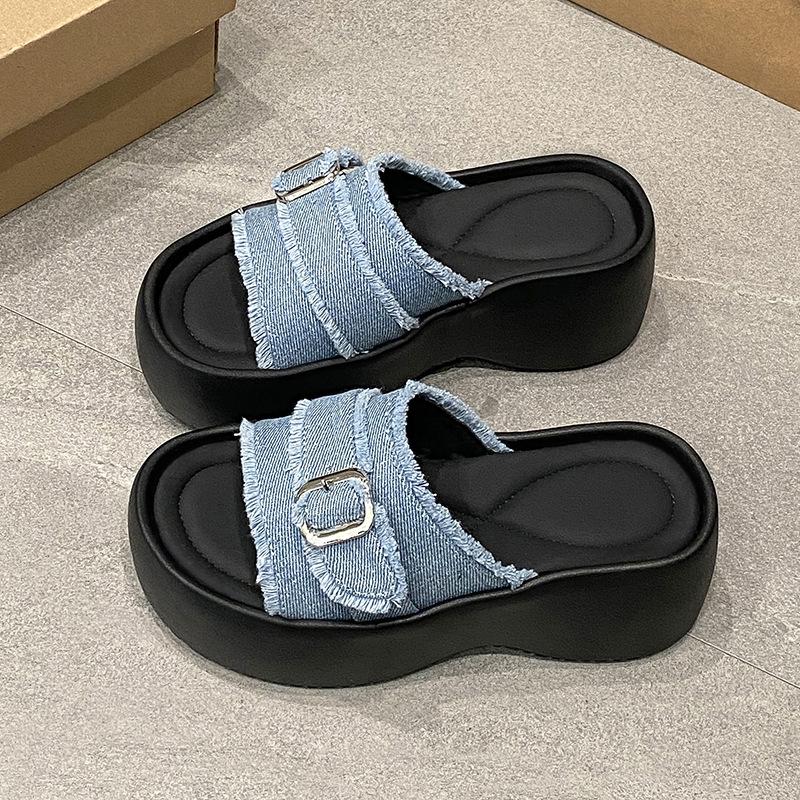 

French fairy style thick-bottomed cool slippers female summer fashion with skirt temperament 2025 new versatile Roman cool slippers 40 синий