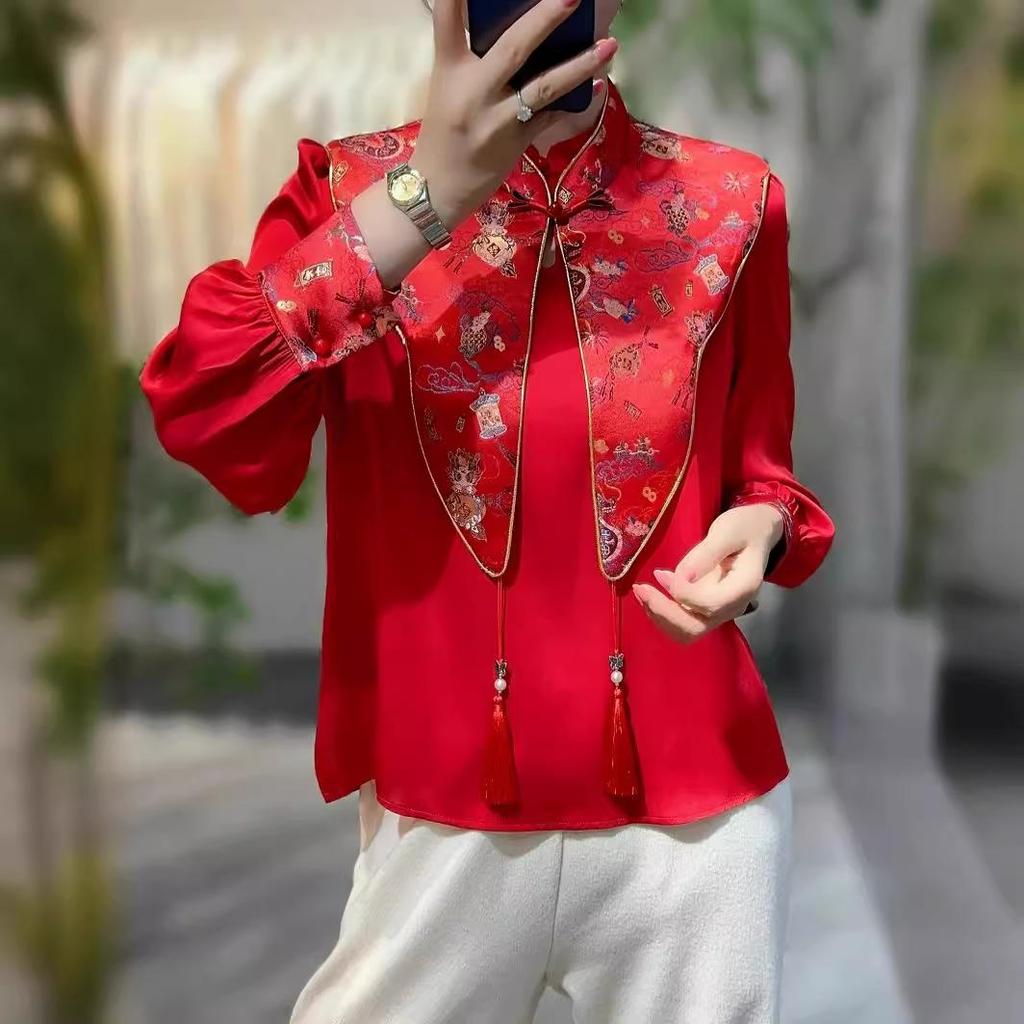 Chinese New Year 2024 Red Silk Dragon Shirt with Trumpet Sleeves