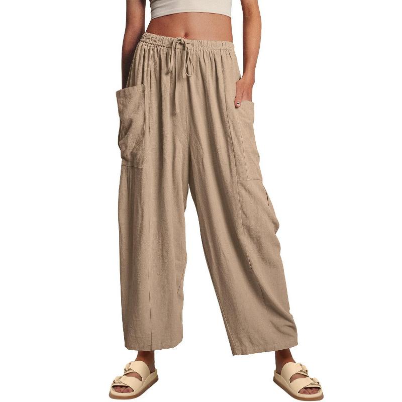 2026 Spring/Summer Women's Elastic Waist Pleated Mid-Waist Straight-Leg Loose Casual Cropped Pants