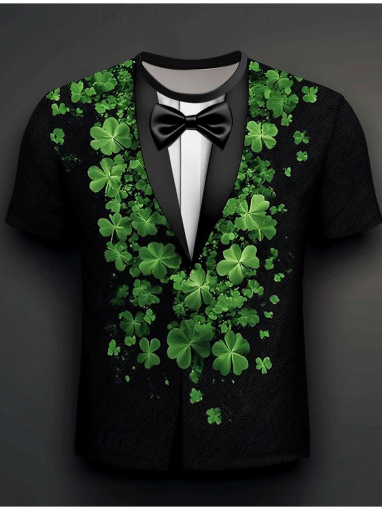 Shamrock Tuxedo Men's T Shirt 3D Print Short Sleeve T Shirt O-Neck Shirt Green Summer Spring Clothing Apparel