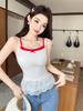 #Summer new lace splicing fake two-piece sling vest, thin fixed chest pad, slim versatile top
