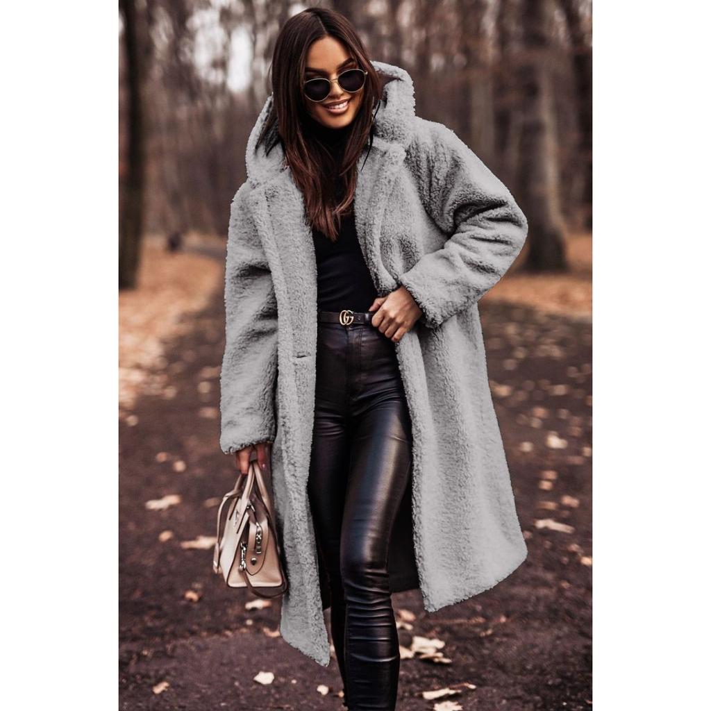 Damen Kapuzen Langarm Teddy Mantel Lockerer Schnitt Alpaka Fleece Tasche Winter Freizeit Übermantel
