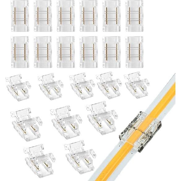 2Pin Transparent Solderless 8mm COB LED Strip Connector Corner Kit,Strip To Wire 4P,Strip To Strip 12P,L-Shape 2P,Red and Black Wire 4P,for 5V 12V