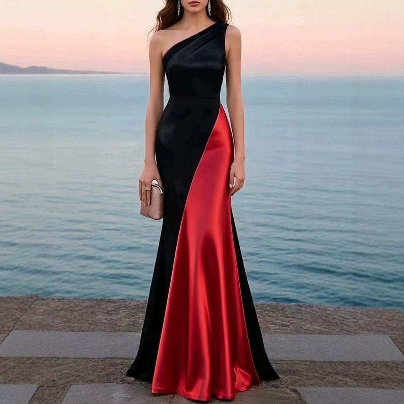 Women's One Shoulder Mermaid Maxi Dress Color Block Fishtail Elegant Evening Party Gown