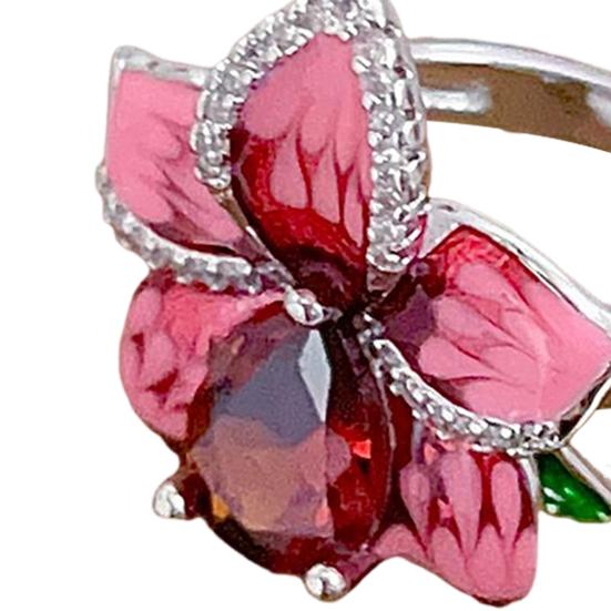 Women Flower Ring Faux Ruby Decor Smooth Polished Index Finger Ring Copper Cocktail Party Prom Commuting Finger Jewelry Holiday Gift
