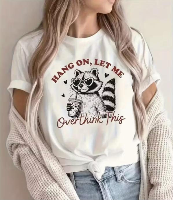 Womens White Short Sleeved Tshirt with Cute Raccoon Pattern Unicorn Dream Letter Print Casual Versatile Top Summer Fashion
