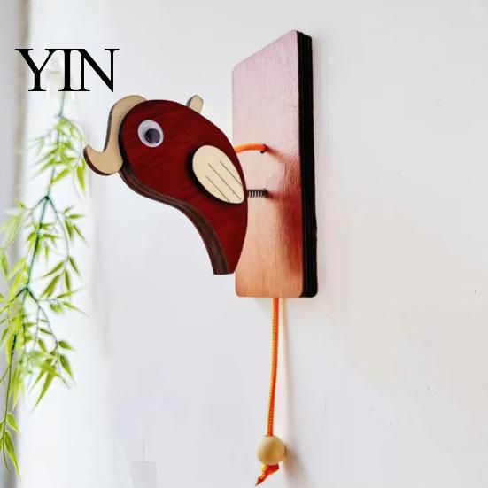 Rustic Entryway Decoration Wooden Woodpecker Door Knocker, Knocker with Pull Rope, Unique Housewarming Gifts Handmade Cute Doorbell for Shop