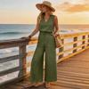 Sleeveless Wide Leg Jumpsuit for Women with Drawstring Waist V Neck Loose Fit Casual Outfit