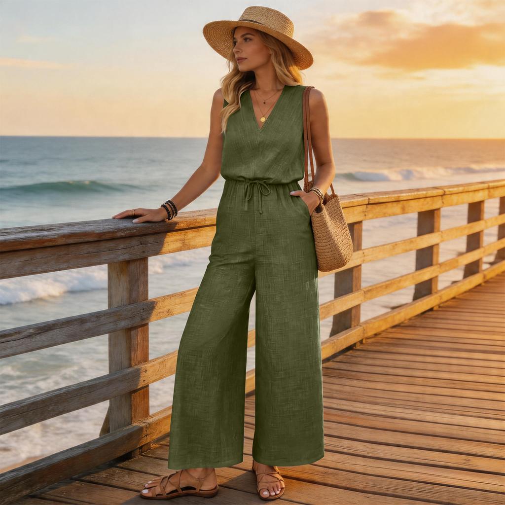 Sleeveless Wide Leg Jumpsuit for Women with Drawstring Waist V Neck Loose Fit Casual Outfit