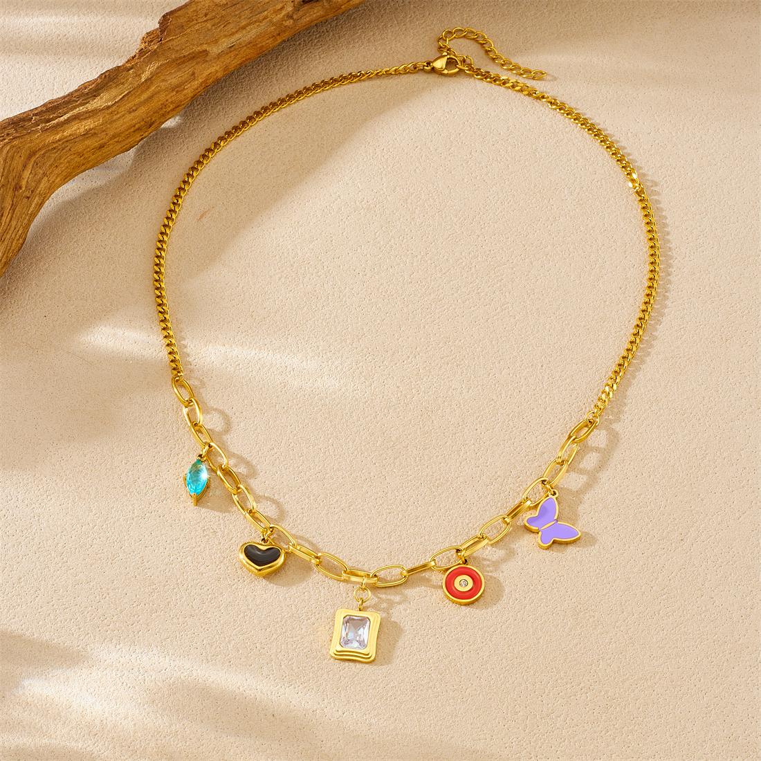 316L Stainless Steel Crystal Inlay Oval Colored Enamel Butterfly Heart Circle Pendant Necklace Women Trendy Neck Chain