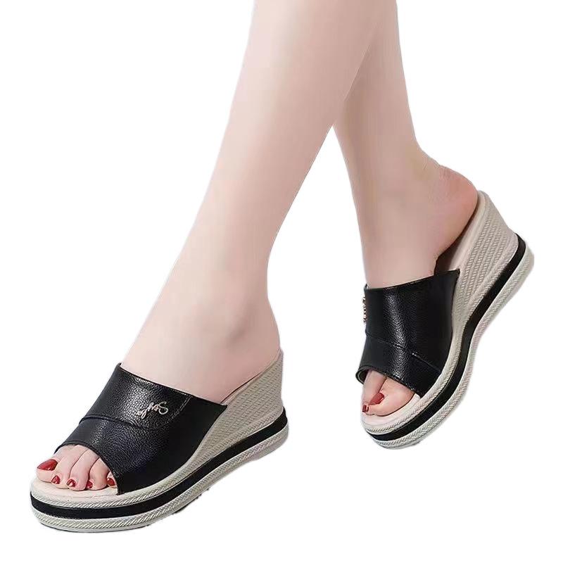 Soft Leather Slippers Women's Summer 2025 Wedge Heel Women's Shoes Versatile Muffin Thick Sole Heightening One-word Sandals Non-slip and Wear-resistan