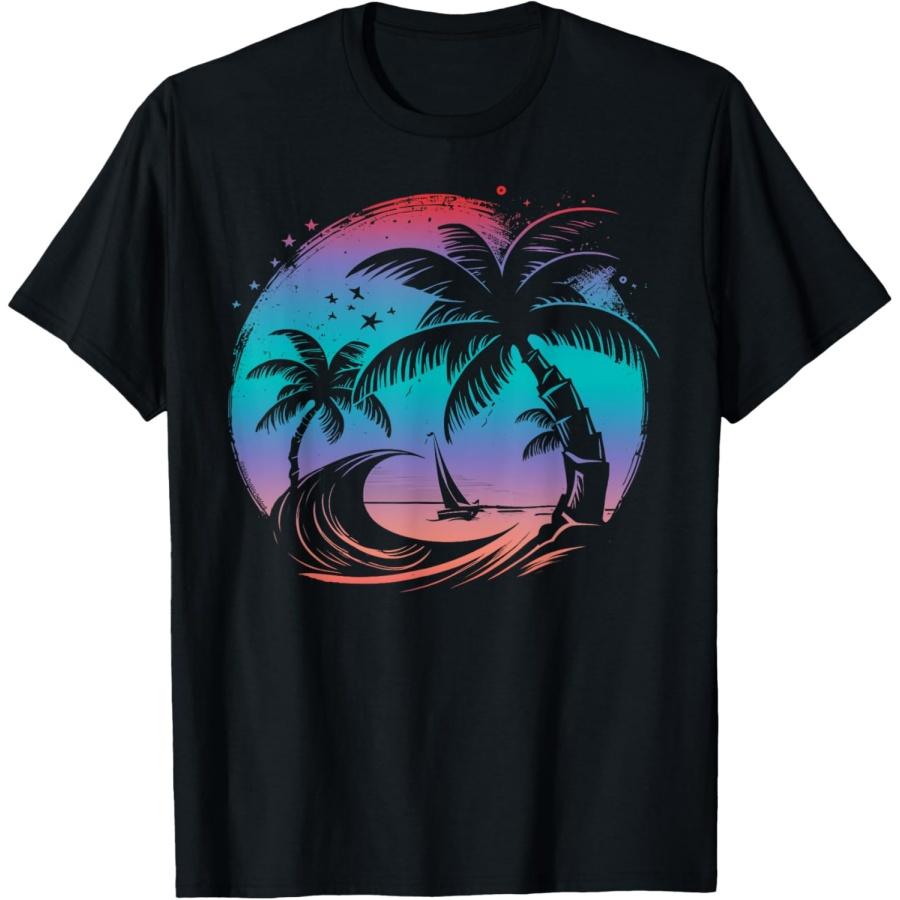 Тропические пальмы с парусником Пляж Остров Закат Футболка XXXXXL чёрный
