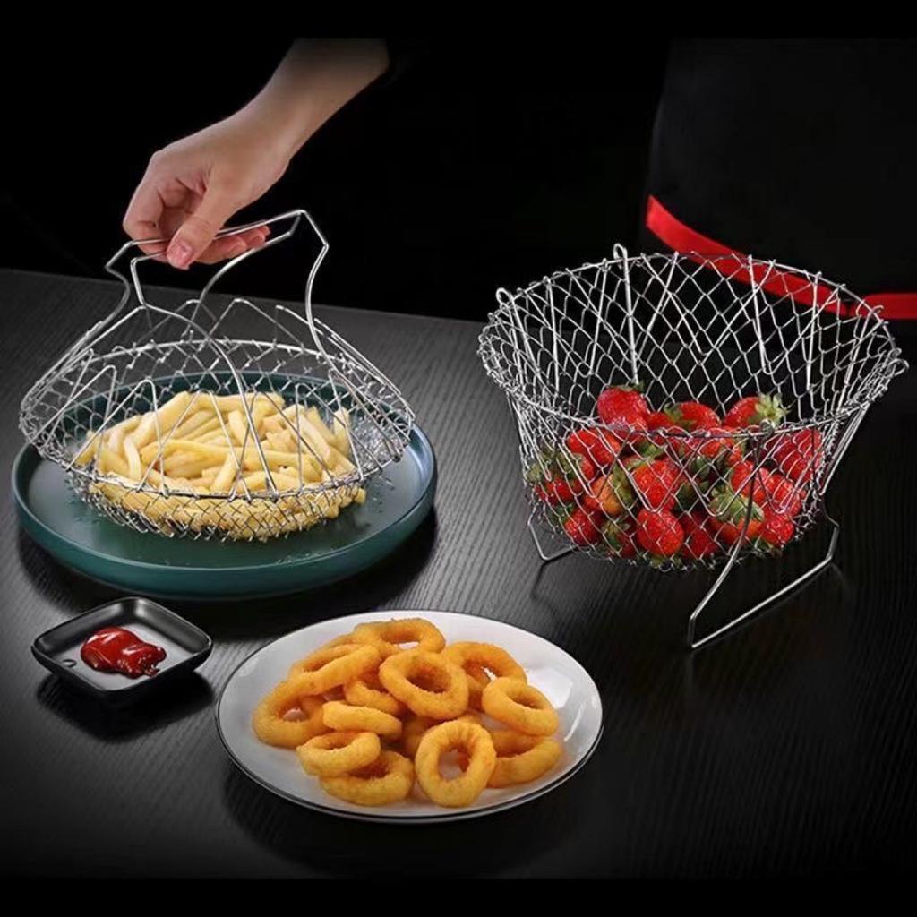 Multifuction Stainless Steel Deep Fry Basket Telescopic Foldable Frying Basket Kitchen Wire Mesh French Chip Frying Serving