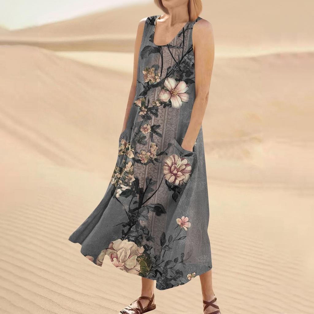 Women's Summer Casual Fashion Flower Printed Sleeveless Round Neck Pocket Dress