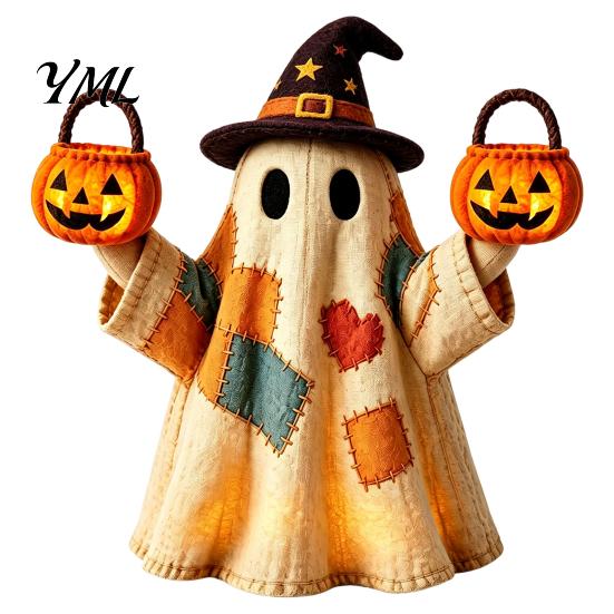 Indoor Halloween Party Supplies Lighted Vintage Patchwork Ghost, LED Light Up Ghost with Pumpkin Lantern, Spooky Nostalgic Fall Mantel Decor Cute for