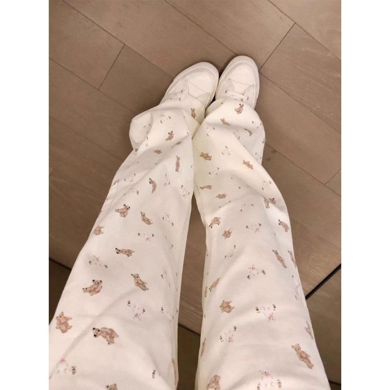 American High Street Bear Floral Jeans Women's New Cartoon Straight Loose Draping Floor-Mopping Wide Legs