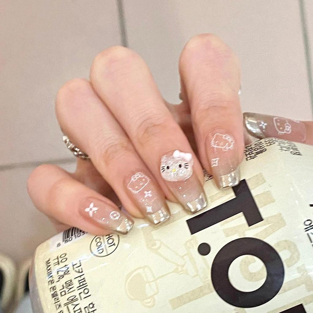 Blush French Cat Eye Princess Bow Nails - Handmade Wearable Nail Art