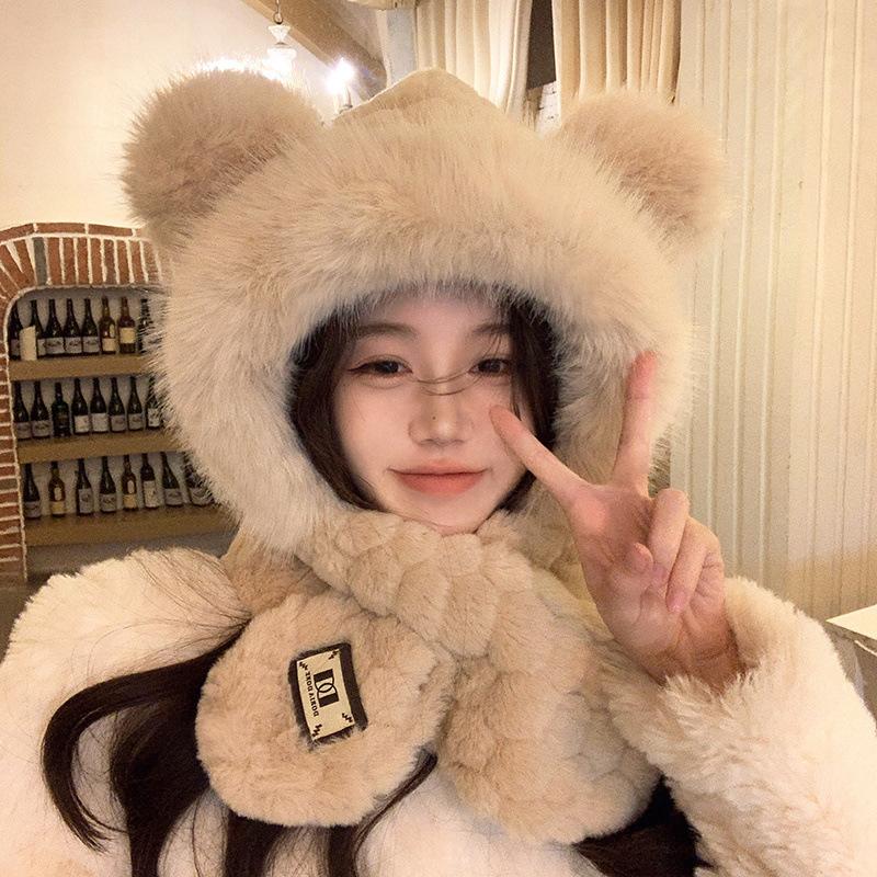 Bear Plush Hat Scarf Integrated Female Winter Cute Furry Face Small Thickened Warm Ear Protector Lei Feng Hat