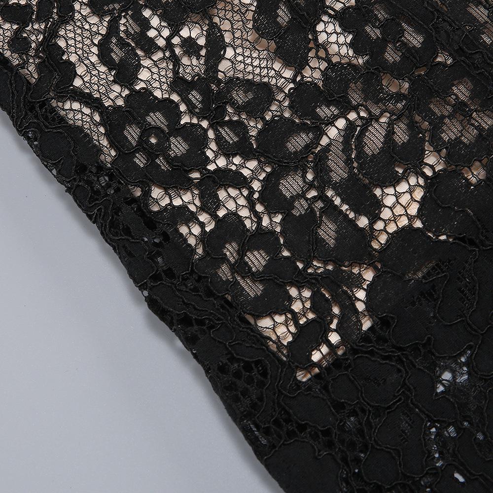 European Black Lace Long Sleeve Formal Dress with French Puff Sleeves, Square Neck, Cut-out Detail, and Slim Fit Mermaid Skirt