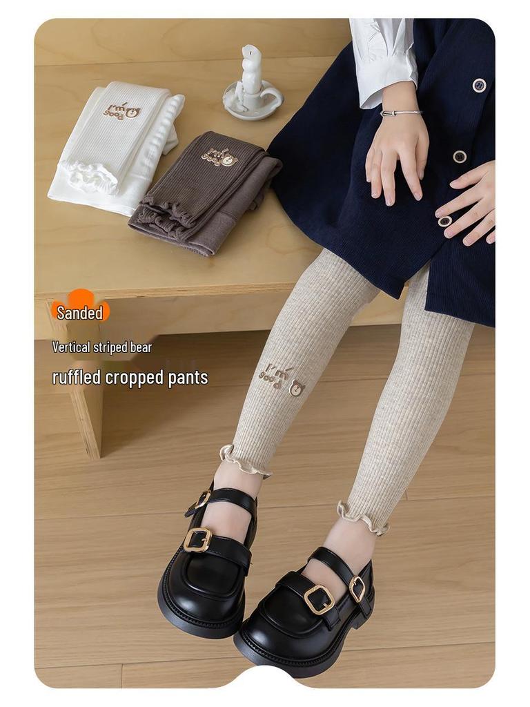 Girls' Autumn & Winter Fleece Leggings: Cotton Ruffle Edge, Brushed Nine-Point Pants for Warmth.